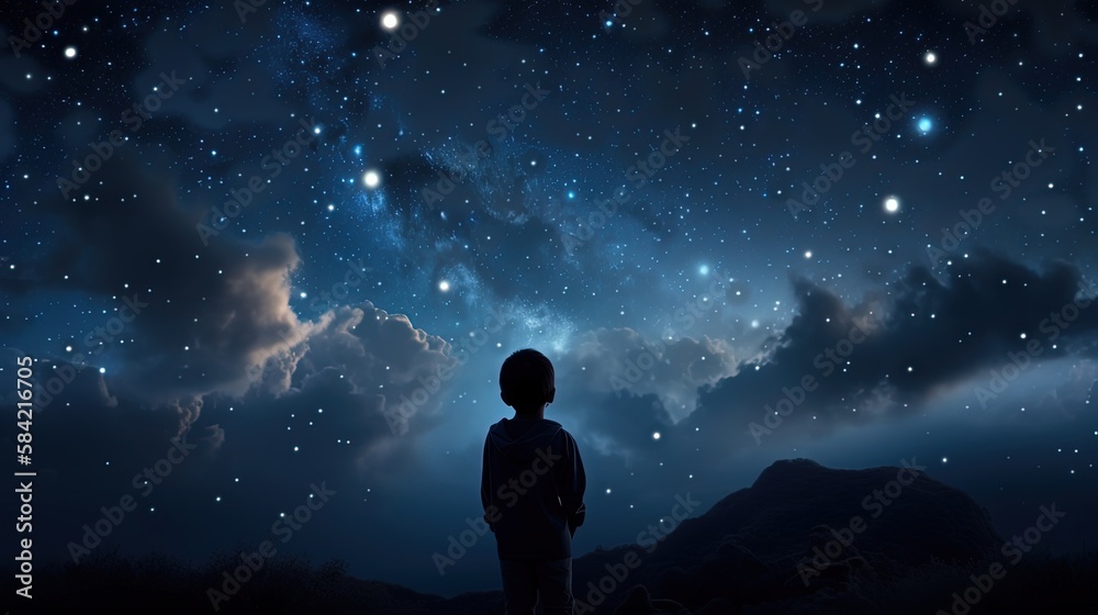 illustration of a boy looking at night starry sky with glitter glow galaxy flicker above, idea for prayer of hope, love, peace theme, Generative Ai