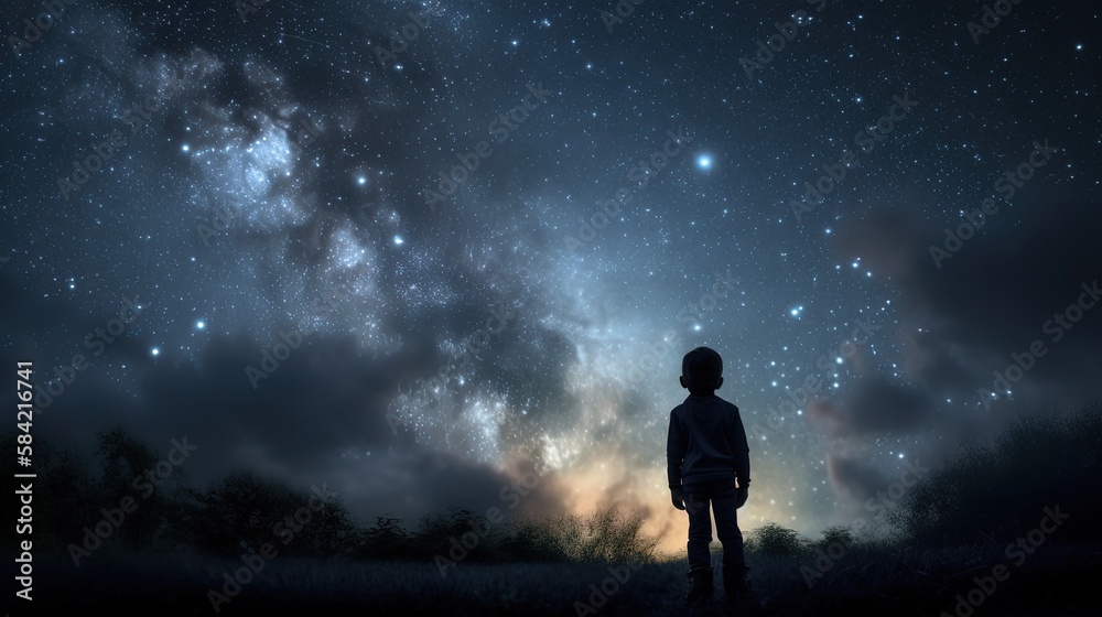 illustration of a boy looking at night starry sky with glitter glow galaxy flicker above, idea for prayer of hope, love, peace theme, Generative Ai