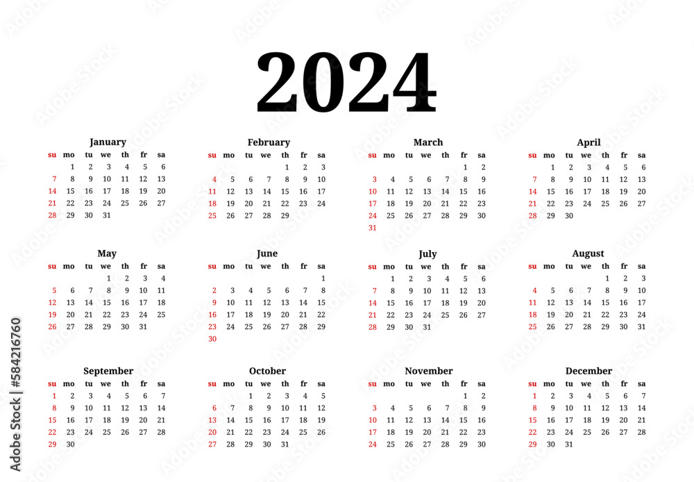 Calendar for 2024 isolated on a white background Stock Vector | Adobe Stock