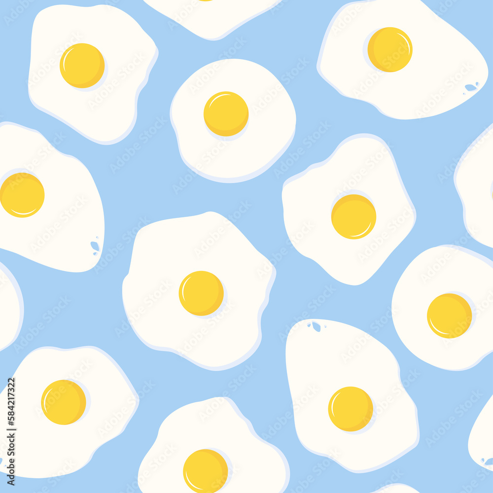 Seamless pattern of fried eggs on a blue background