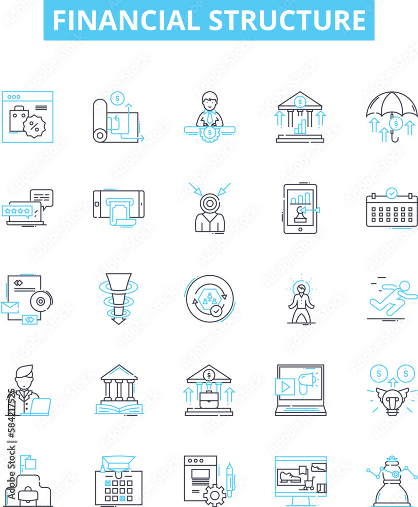 Financial structure vector line icons set. Finance, Structure, Capital, Funds, Assets, Equity, Debt illustration outline concept symbols and signs