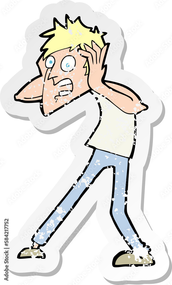 retro distressed sticker of a cartoon man panicking retro distressed sticker of a cartoon man panicking