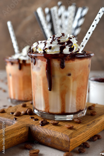 Iced coffee mochachino on a gray background photo