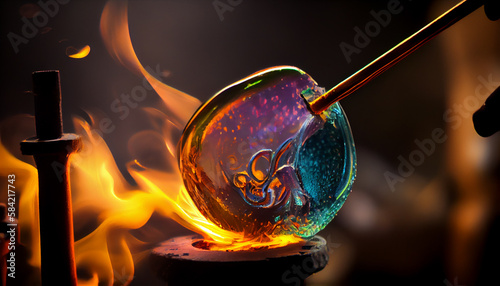 Glass blower forming beautiful piece of glass. A glass crafter is burning and blowing an art piece.