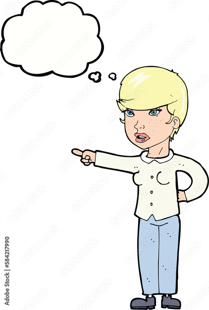 cartoon woman pointing finger of blame with thought bubble cartoon woman pointing finger of blame with thought bubble