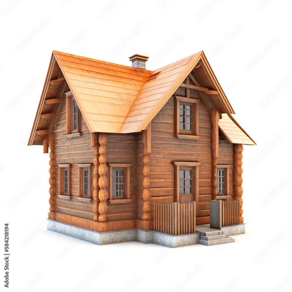 Wooden house isolated on white, illustration generative AI Wooden house isolated on white, illustration generative AI