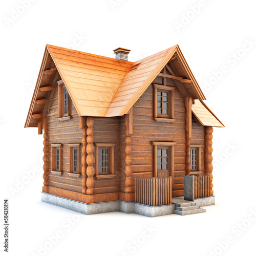 Wooden house isolated on white, illustration generative AI