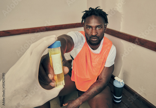 Sports, doctor and a portrait of a black man with a pee test to check for cheating or drug use. Analysis, giving and an African sport player with a urine sample for testing during fitness practice