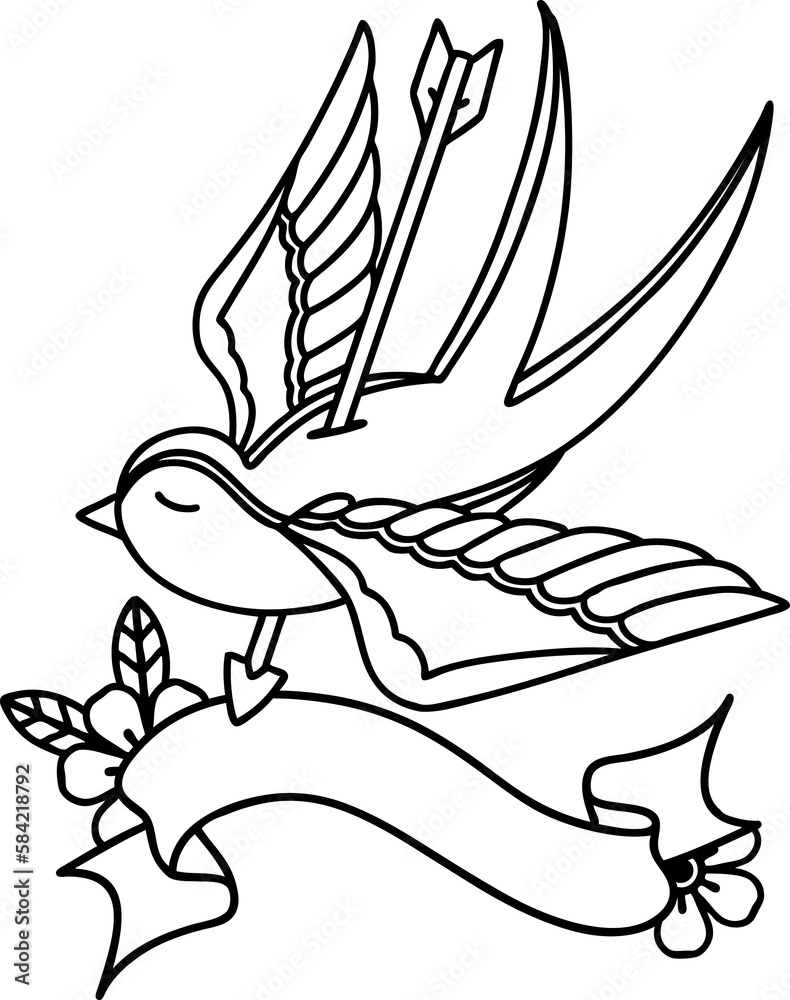 black linework tattoo with banner of a swallow pieced by arrow black linework tattoo with banner of a swallow pieced by arrow