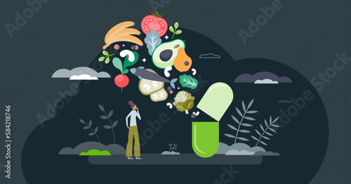 Functional foods with vitamin rich products in capsule tiny person concept. Health benefits from greens, avocado, nuts, fruits and vegetables vector illustration. Medical drug from natural sources.