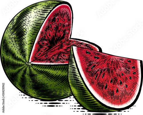 A watermelon fruit in a vintage woodcut engraved etching style drawing