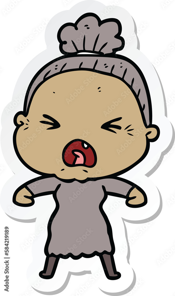 sticker of a cartoon angry old woman