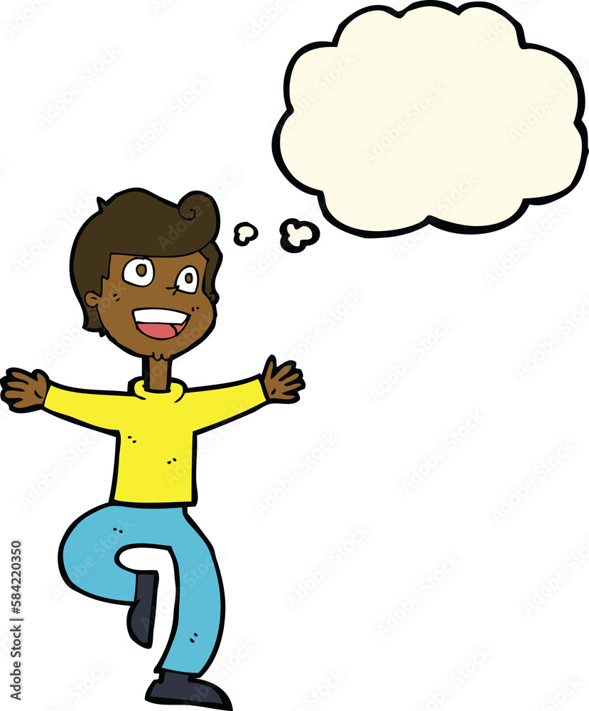 cartoon excited boy with thought bubble