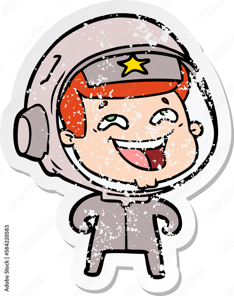 distressed sticker of a cartoon laughing astronaut