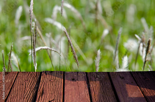 abstract blurred nature background and a brown wooden table ready for displaying your products