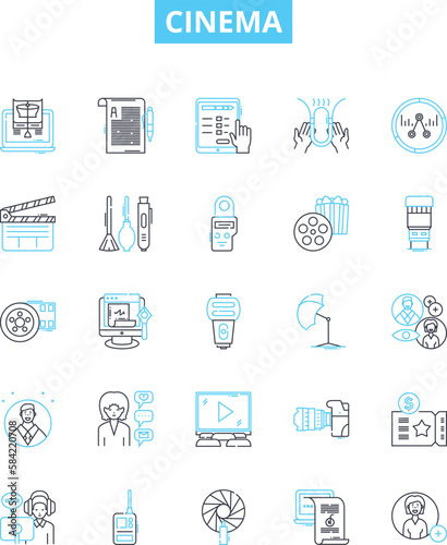 Cinema vector line icons set. Movie, theatre, film, projection, celluloid, digital, reel illustration outline concept symbols and signs