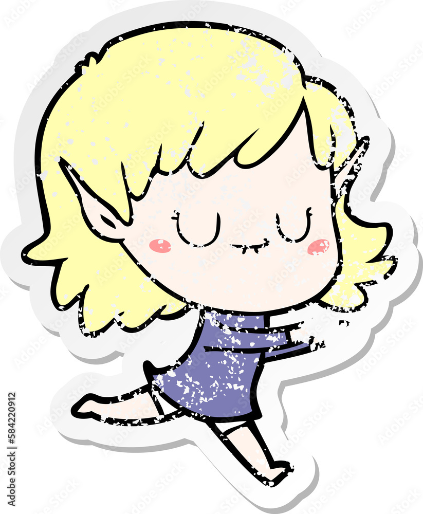 distressed sticker of a happy cartoon elf girl posing distressed sticker of a happy cartoon elf girl posing