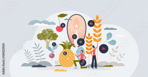 Functional foods for better health with wellness products tiny person concept. Nutritional vitamin source from greens, grains and vegetables eating for medical body benefits vector illustration.
