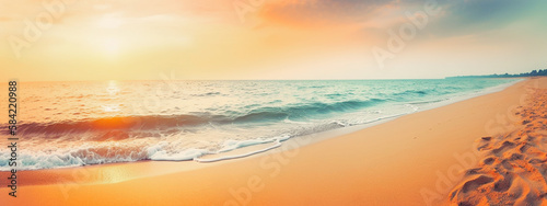 tropical beach seascape landscape on golden sunset . Vacation travel holiday. Generative AI