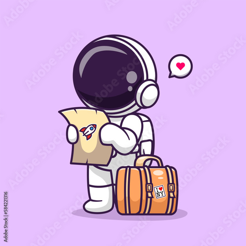 Cute Astronaut Travelling With Map And Suitcase Cartoon Vector Icon Illustration. Science Travel Icon Concept Isolated Premium Vector. Flat Cartoon Style