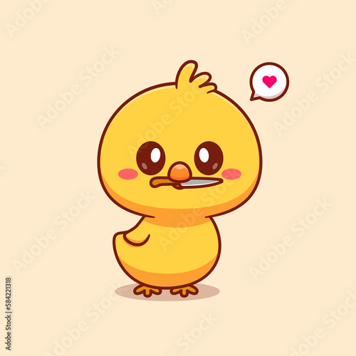 Cute Chick Bite Knife Cartoon Vector Icon Illustration. Animal Nature Icon Concept Isolated Premium Vector. Flat Cartoon Style