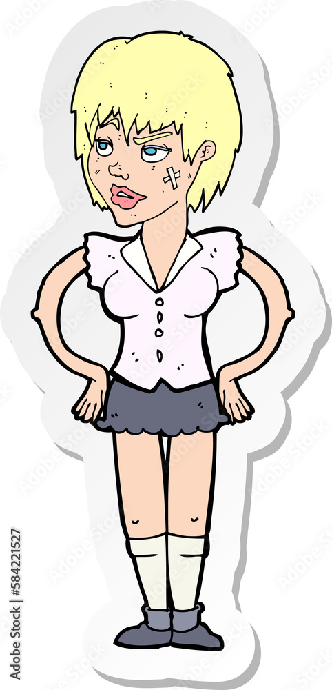 sticker of a cartoon tough woman with hands on hips sticker of a cartoon tough woman with hands on hips