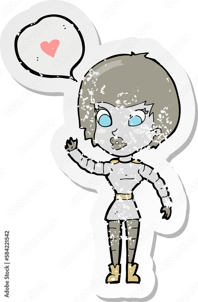 retro distressed sticker of a cartoon robot woman retro distressed sticker of a cartoon robot woman