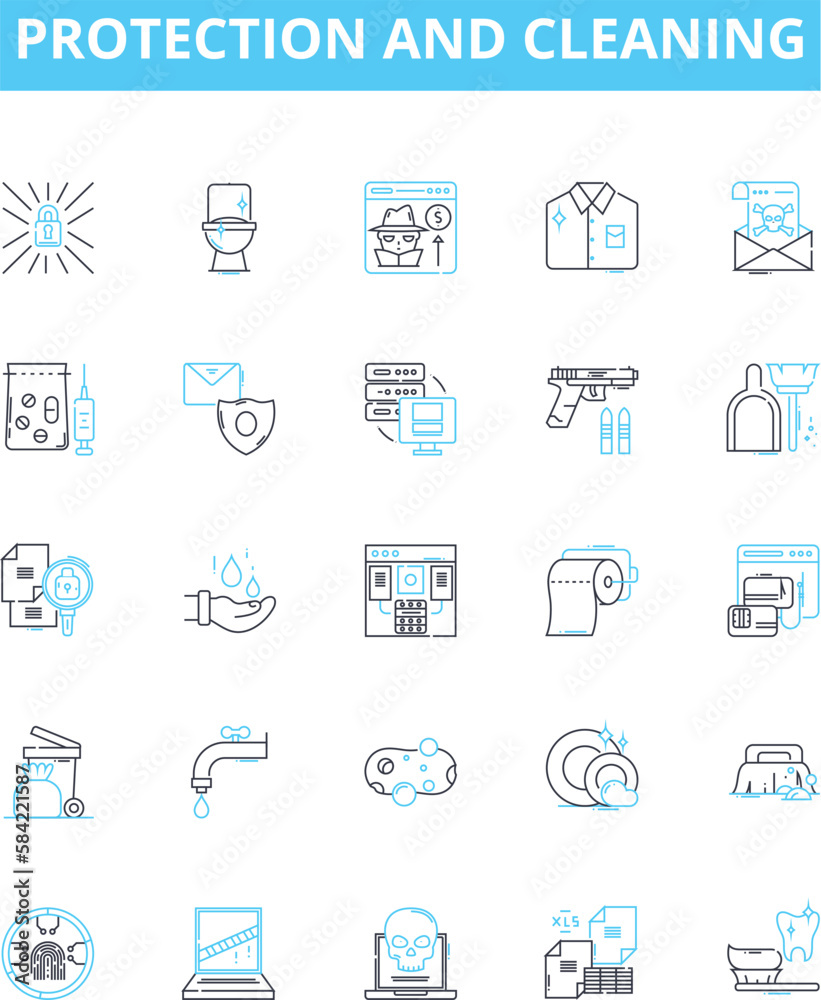 Protection and cleaning vector line icons set. Protection, cleaning, shielding, preserving, guarding, securing, sanitizing illustration outline concept symbols and signs Protection and cleaning vector line icons set. Protection, cleaning, shielding, preserving, guarding, securing, sanitizing illustration outline concept symbols and signs
