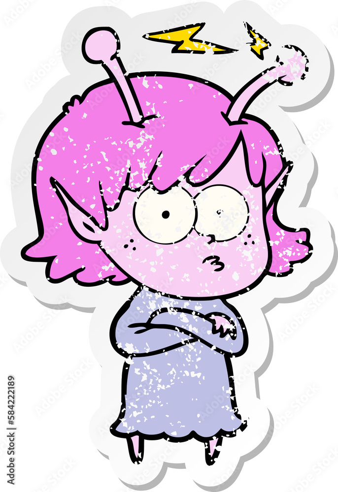 distressed sticker of a cartoon alien girl distressed sticker of a cartoon alien girl