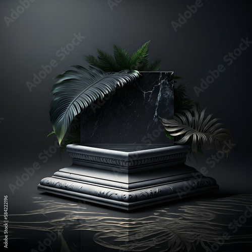 Tropical Oasis Podium: Floating Display with Palm Leaves for Elegant Product Presentation in dark © MAJGraphics