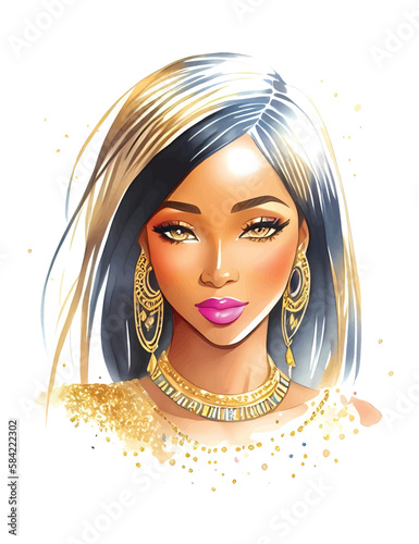 Watercolor beauty african woman. Painting fashion illustration. Hand drawn portrait of pretty girl on white background