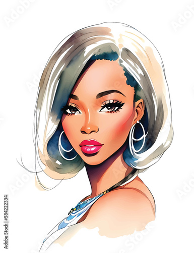 Watercolor beauty african woman. Painting fashion illustration. Hand drawn portrait of pretty girl on white background