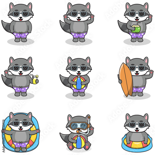 Summer cute Raccoon vector illustration. Flat Raccoon Summer Cartoon. Graphic cartoon character for banner, sticker advertising travel in summer theme illustration. Summer holiday concept design.