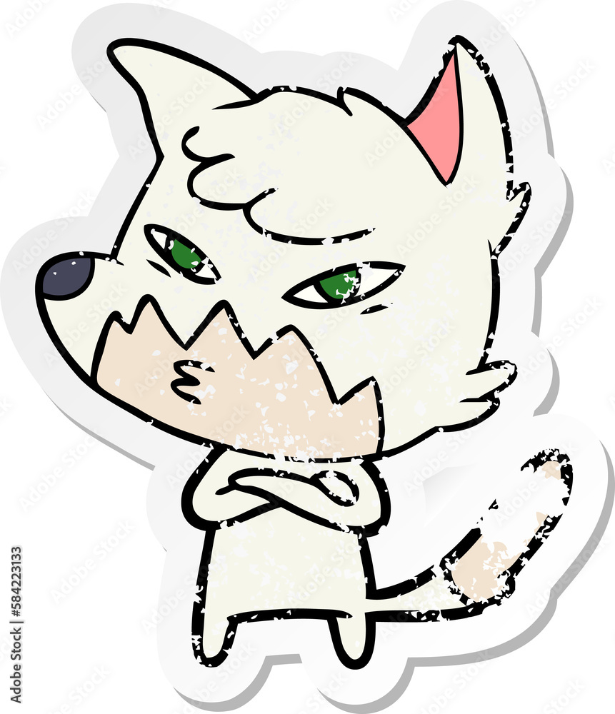 distressed sticker of a clever cartoon fox distressed sticker of a clever cartoon fox