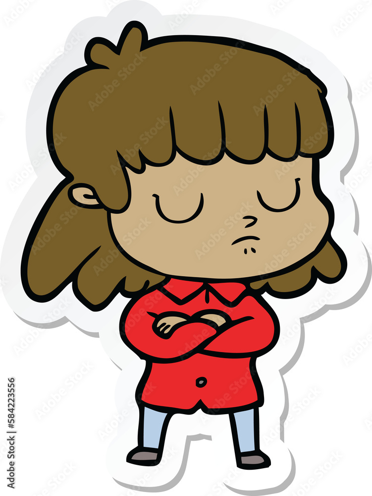 sticker of a cartoon indifferent woman folding arms