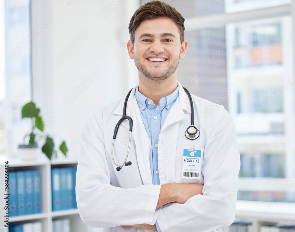 Smile, doctor and portrait of man in hospital with crossed arms for wellness, medicine and medical care. Healthcare, insurance and happy health worker in clinic for consulting, trust and stethoscope Smile, doctor and portrait of man in hospital with crossed arms for wellness, medicine and medical care. Healthcare, insurance and happy health worker in clinic for consulting, trust and stethoscope