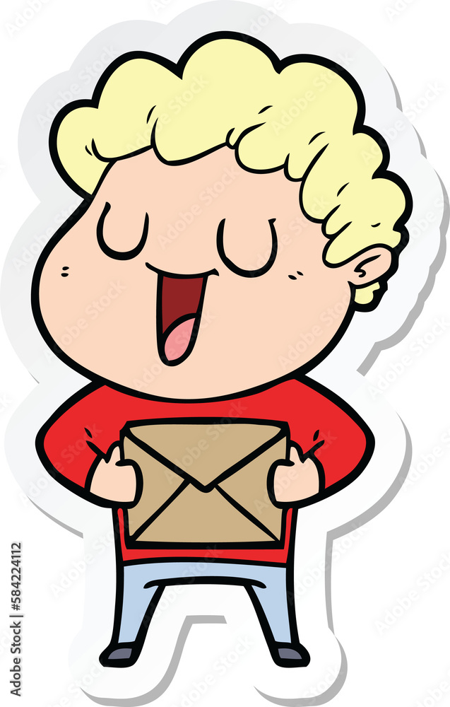 sticker of a laughing cartoon man with parcel