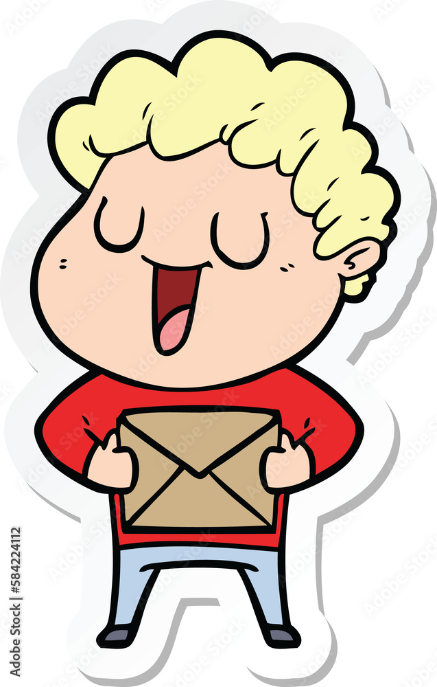 sticker of a laughing cartoon man with parcel sticker of a laughing cartoon man with parcel