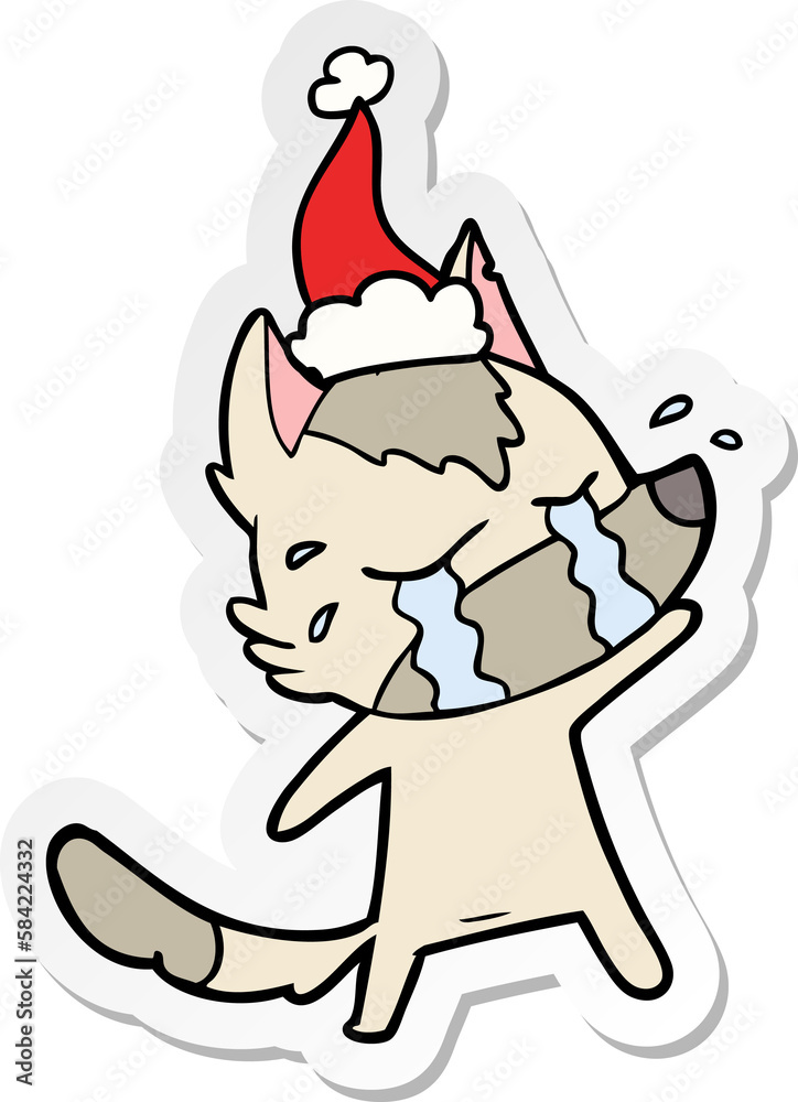 sticker cartoon of a crying wolf wearing santa hat sticker cartoon of a crying wolf wearing santa hat