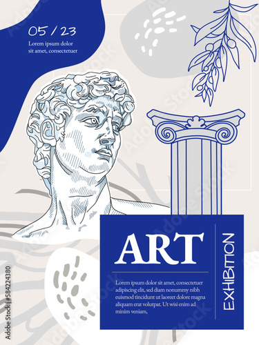 Art of sculpture Creative flyer or poster concepts with abstract geometric shapes and human silhouettes. Roman and Greek vector illustration. Art posters for the exhibition,  magazine or cover