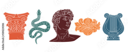 Antique statues, bust, pillar, harp, column, snake. Different objects. Mythical, ancient greek or roman style. Hand drawn sculpture illustration. Classic statues in modern style. Collage art elements