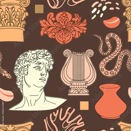 Seamless pattern with ancient statues. Ancient Greek sculpture elements, harp, hipster trendy style background, branches, column capitals. Decor textile, wrapping paper wallpaper vector print