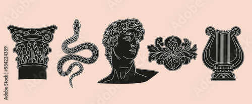 Dark Antique statues, bust, pillar, harp, column, snake. Different objects. Mythical, ancient greek or roman style. Hand drawn sculpture illustration. Classic statues. Collage elements