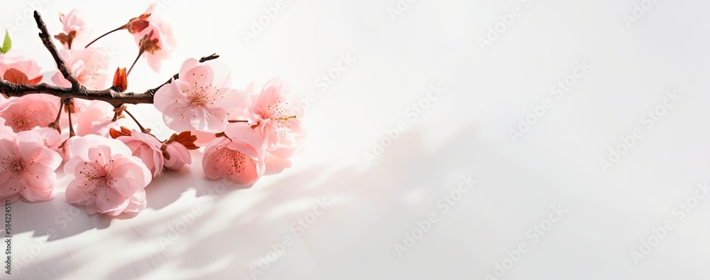 Tender pink sakura twig with lush flowers, petals in hard light with shadow on soft light white wood table, top view. Generative AI