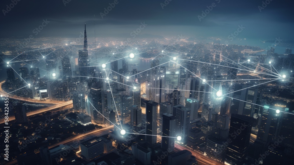 Smart cities and abstract dot points connect with gradient lines, a big data connection technology concept. Generative AI.