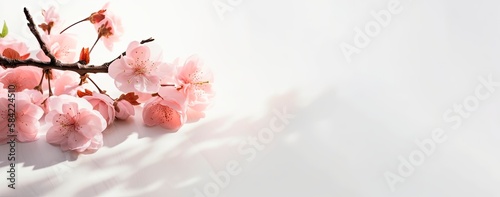 Tender pink sakura twig with lush flowers, petals in hard light with shadow on soft light white wood table, top view. Generative AI