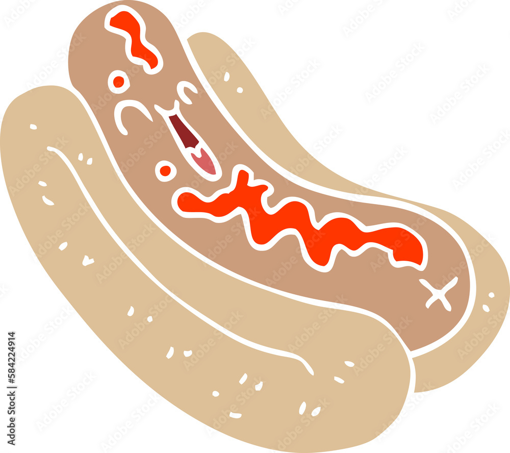 cartoon doodle hotdog in bun with ketchup cartoon doodle hotdog in bun with ketchup