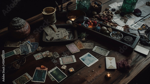 Candles, Crystals, and Tarot Cards Spread Across a Table in Preparation for a Tarot Reading, Spiritual Psychic Witchy Aesthetic, Moody Photography Style - Generative AI