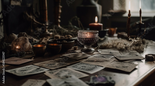Candles, Crystals, and Tarot Cards Spread Across a Table in Preparation for a Tarot Reading, Spiritual Psychic Witchy Aesthetic, Moody Photography Style - Generative AI © AnArtificialWonder