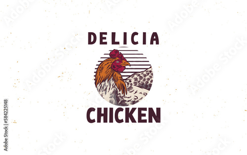 Rooster Head Vintage Logo, retro print, poster for Butchery Poultry Meat Shop with text typography (ID: 584225148)